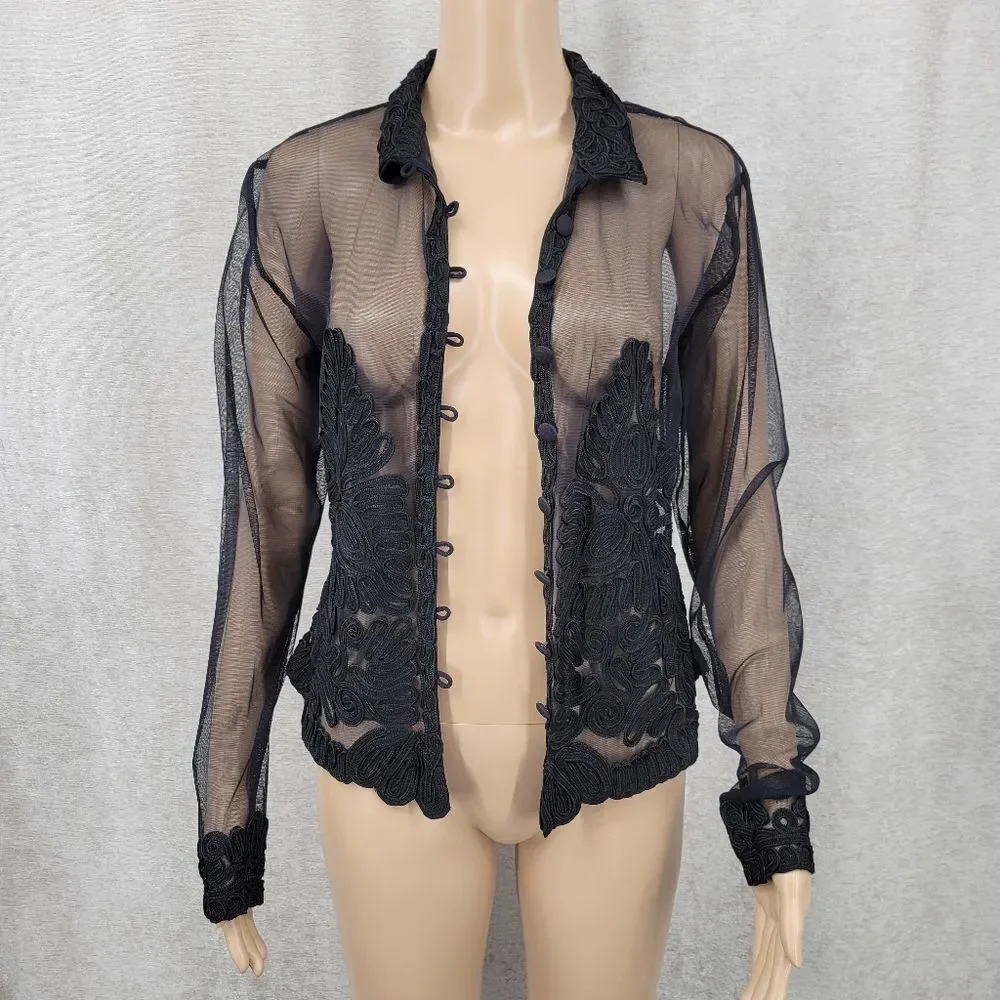 Vintage Sheer Black Soutache Embroidery Button Up Blouse Mobwife Mesh  Illusion